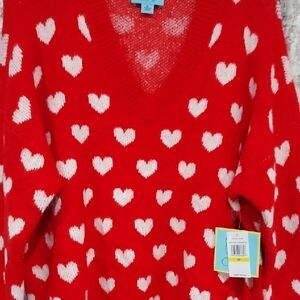 CeCe Red and White Heart V-Neck Sweater